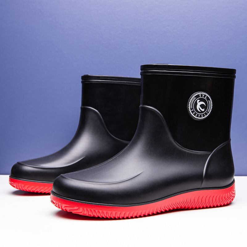 Ανδρικές μπότες βροχής με βελούδο, ζεστές, ειδικές μπότες βροχής για ψάρεμα, αντιολισθητικές, προστατευτικές για την κουζίνα, εργασία, υπαίθρια παπούτσια νερού, μεσαίες μπότες νερού με σωλήνα