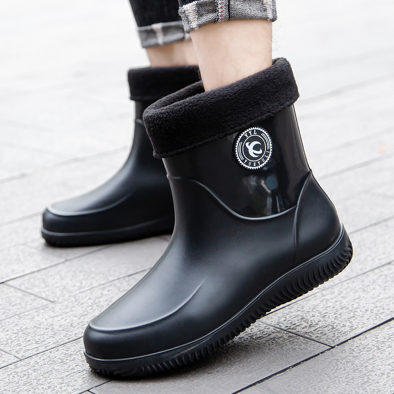 Ανδρικές μπότες βροχής με βελούδο, ζεστές, ειδικές μπότες βροχής για ψάρεμα, αντιολισθητικές, προστατευτικές για την κουζίνα, εργασία, υπαίθρια παπούτσια νερού, μεσαίες μπότες νερού με σωλήνα