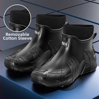 Μοντέρνες μπότες βροχής, αδιάβροχα παπούτσια για ορειβασία, αντιολισθητικά, ανθεκτικά στη φθορά, παπούτσια από καουτσούκ για πλύσιμο αυτοκινήτων, ανδρικές μπότες βροχής με χοντρή σόλα και επένδυση fleece