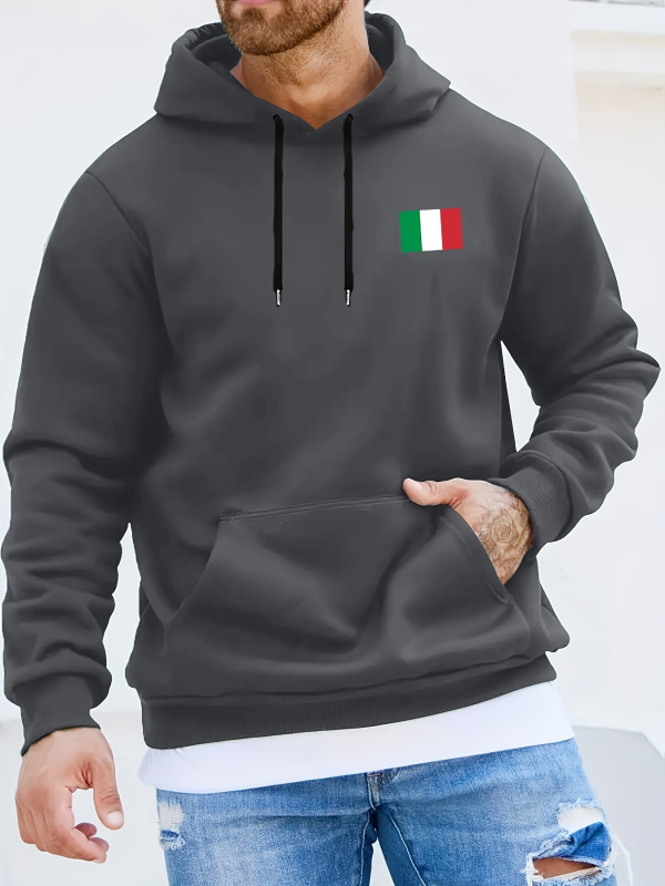 Nyomott kapucnis pulóver, férfi menő pulóver, férfi lezser mintás kapucnis pulóver őszi és téli utcai viseletre