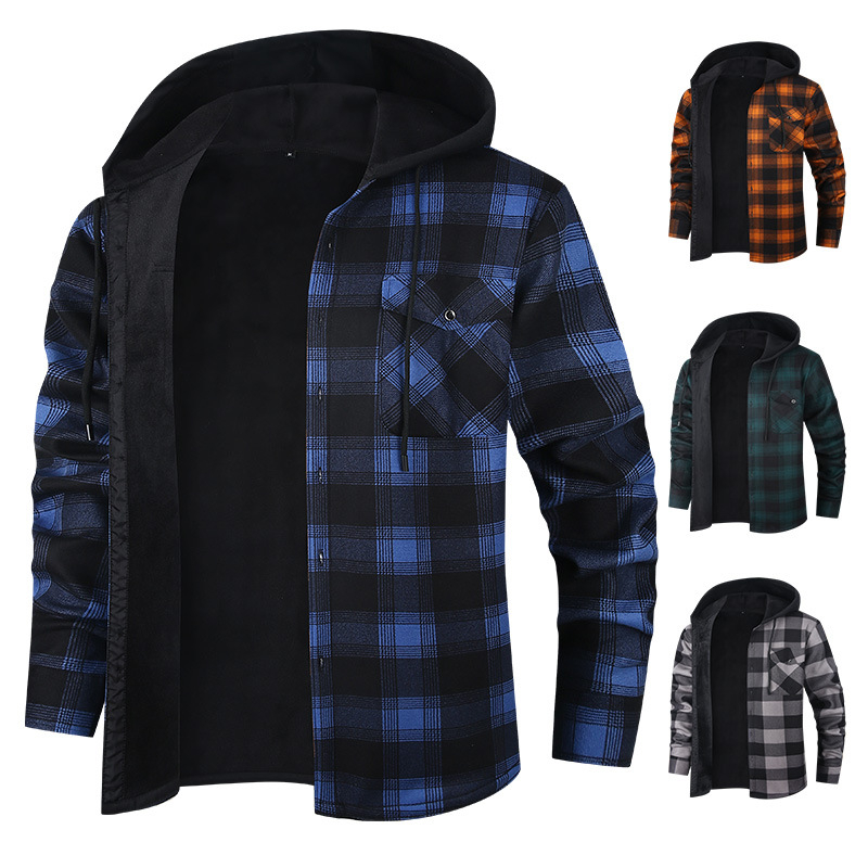Jesenné a zimné výbuchy 2024 s kapucňou, flísovou podšívkou, zahustenou pánskou košeľou, kockovanou flanelovou teplou košeľovou bundou, pánskou veľkoobchodnou voľbou