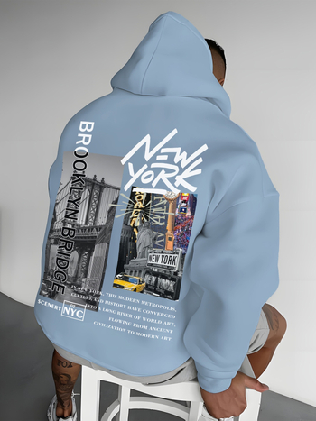 Мъжки ежедневен суичър с качулка и принт на пейзажи на Ню Йорк, от полиестерно трикотажно платно, с дълъг ръкав