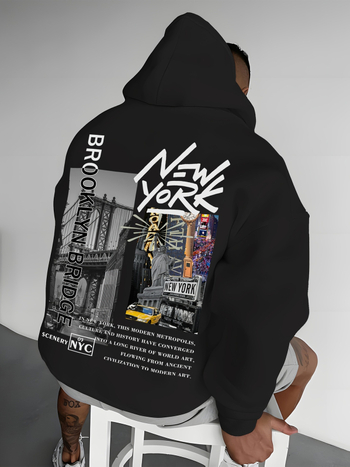 Мъжки ежедневен суичър с качулка и принт на пейзажи на Ню Йорк, от полиестерно трикотажно платно, с дълъг ръкав