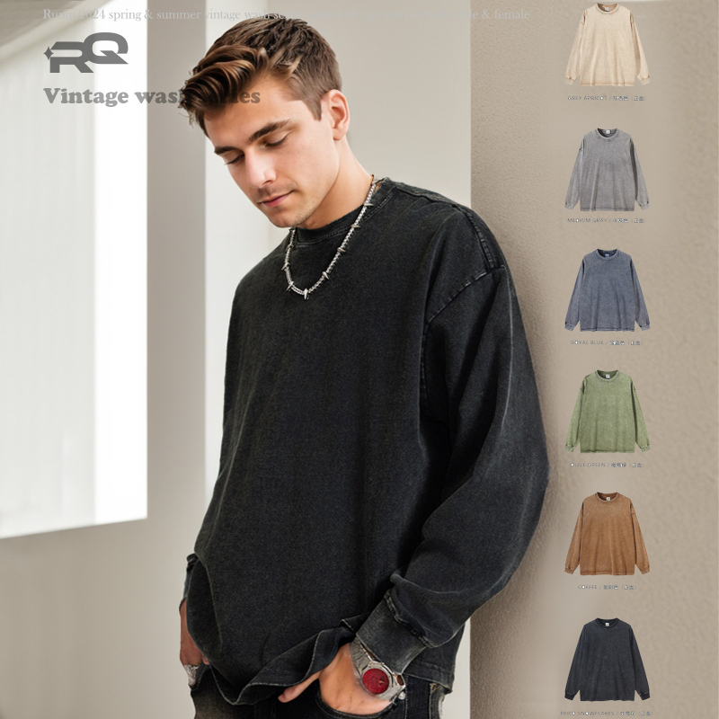 Tricou bărbătesc cu mânecă lungă, 280 g, bumbac pur, spălat, stil vintage pentru bărbați și femei, marcă la modă, croială lejeră pentru adolescenți, bumbac pur, exclusiv pentru vânzări transfrontaliere