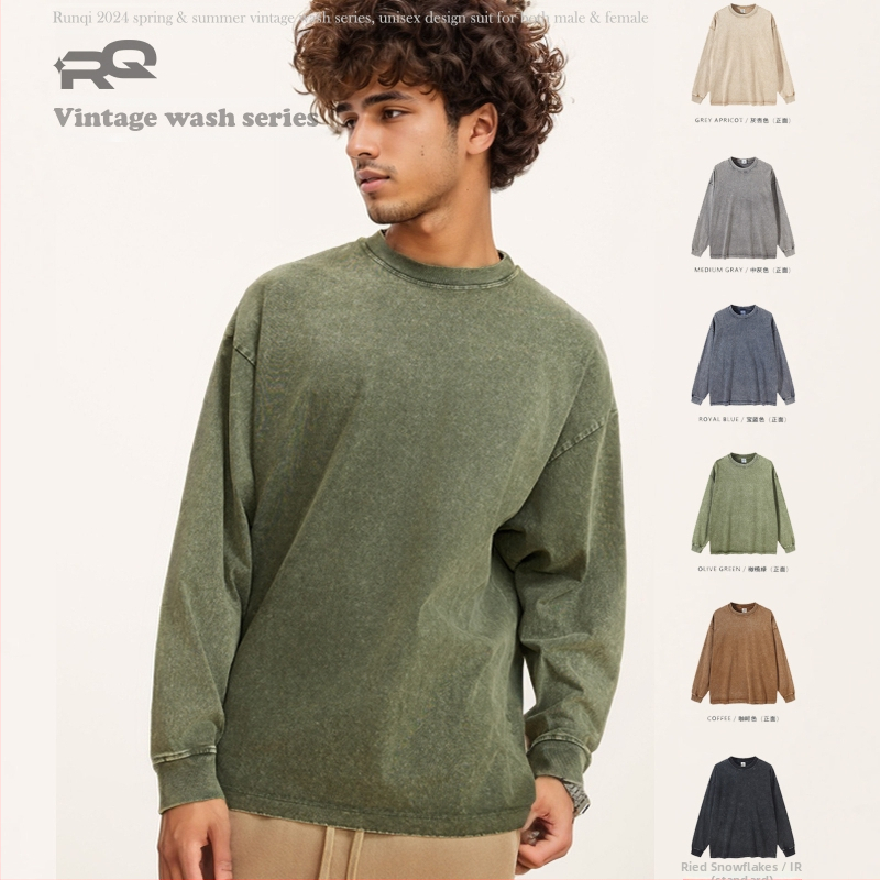 Pánske tričko s dlhým rukávom z čistej bavlny s gramážou 280 g, prané, vintage štýl pre mužov aj ženy, trendy značka, voľný strih pre tínedžerov, čistá bavlna, exkluzívne pre cezhraničný predaj