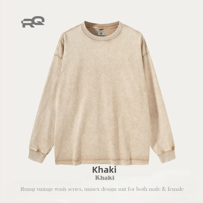 Tricou bărbătesc cu mânecă lungă, 280 g, bumbac pur, spălat, stil vintage pentru bărbați și femei, marcă la modă, croială lejeră pentru adolescenți, bumbac pur, exclusiv pentru vânzări transfrontaliere