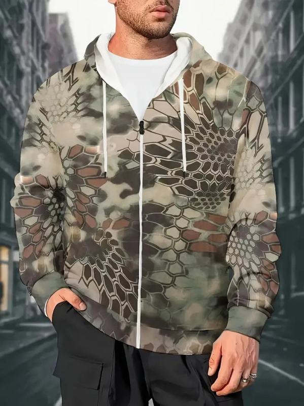 Bărbați cu glugă, cu imprimeu digital 3D, stil casual, cu fermoar, cardigan nou