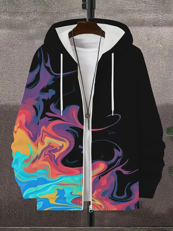 Bărbați cu glugă, cu imprimeu digital 3D, stil casual, cu fermoar, cardigan nou