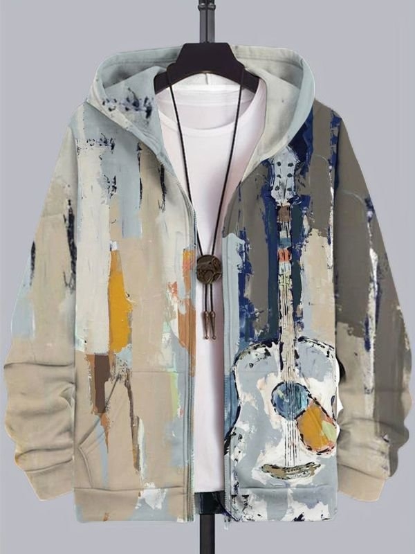 Bărbați cu glugă, cu imprimeu digital 3D, stil casual, cu fermoar, cardigan nou