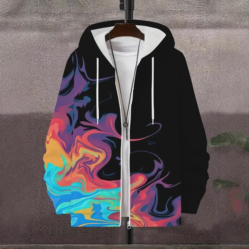 Bărbați cu glugă, cu imprimeu digital 3D, stil casual, cu fermoar, cardigan nou