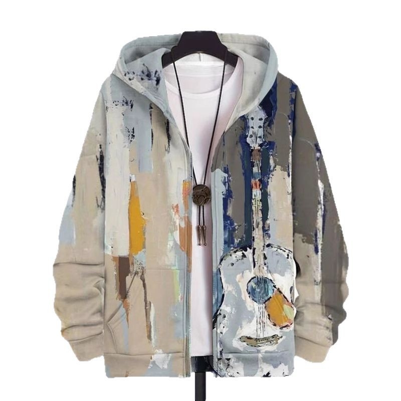 Bărbați cu glugă, cu imprimeu digital 3D, stil casual, cu fermoar, cardigan nou