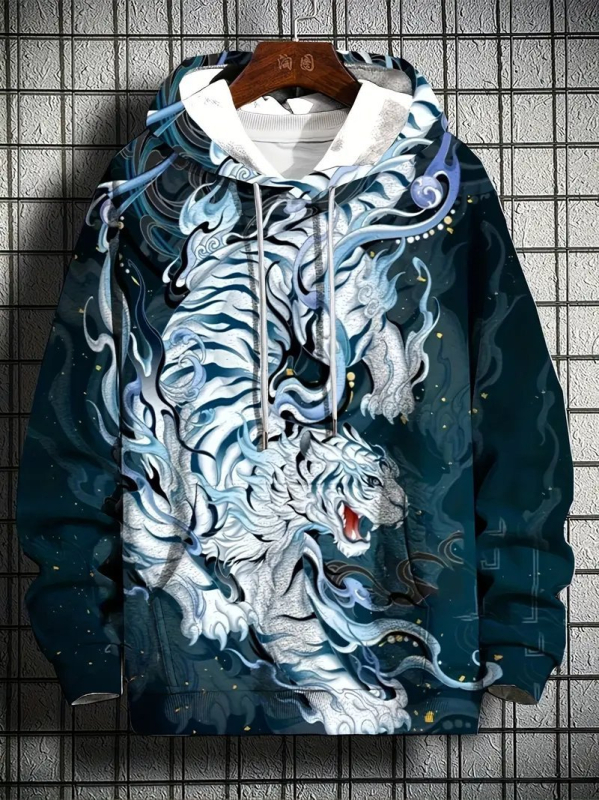 Európa a Spojené štáty americké cezhraničná nová jarná a jesenná pánska mikina s 3D digitálnou tlačou, potlačou leva, tigra a vlka, voľný sveter