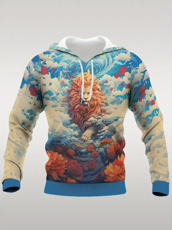 Európa a Spojené štáty americké cezhraničná nová jarná a jesenná pánska mikina s 3D digitálnou tlačou, potlačou leva, tigra a vlka, voľný sveter
