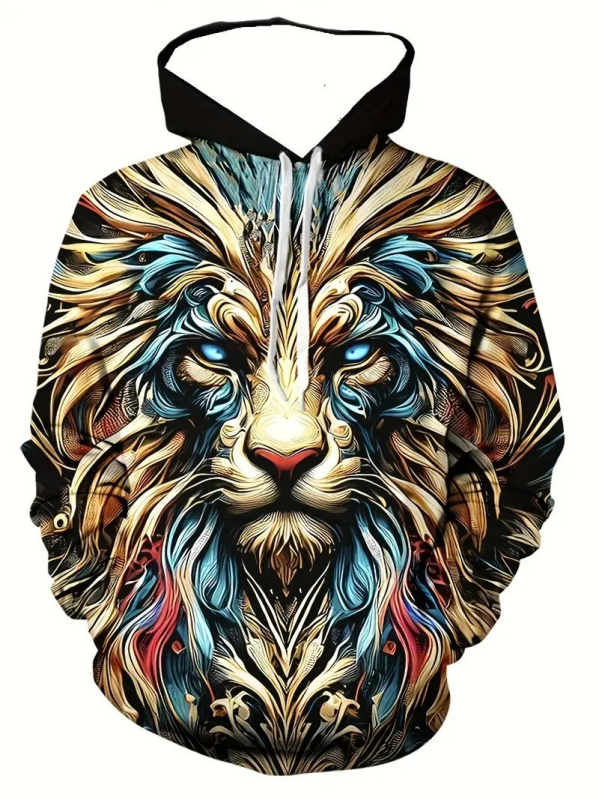 Európa a Spojené štáty americké cezhraničná nová jarná a jesenná pánska mikina s 3D digitálnou tlačou, potlačou leva, tigra a vlka, voľný sveter