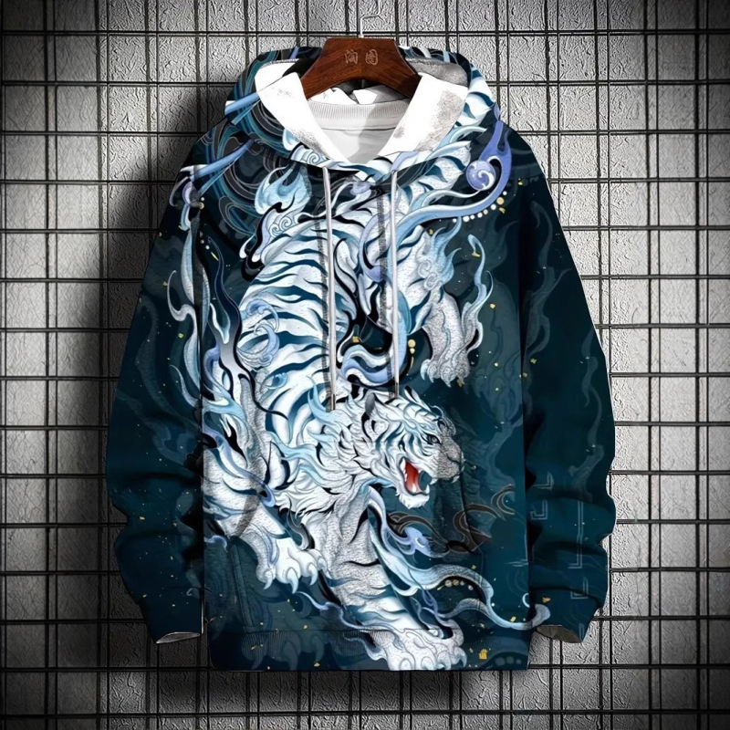 Európa a Spojené štáty americké cezhraničná nová jarná a jesenná pánska mikina s 3D digitálnou tlačou, potlačou leva, tigra a vlka, voľný sveter