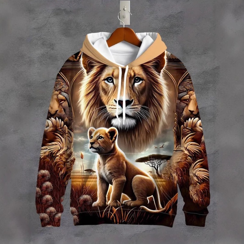 Európa a Spojené štáty americké cezhraničná nová jarná a jesenná pánska mikina s 3D digitálnou tlačou, potlačou leva, tigra a vlka, voľný sveter