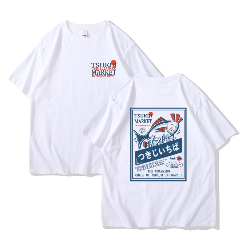 Tricouri la modă pentru bărbați și femei, cu mânecă scurtă, populare transfrontaliere, stil japonez High Street, cuplu leneș, cu imprimeu Happy Fish