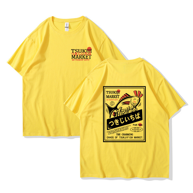 Tricouri la modă pentru bărbați și femei, cu mânecă scurtă, populare transfrontaliere, stil japonez High Street, cuplu leneș, cu imprimeu Happy Fish