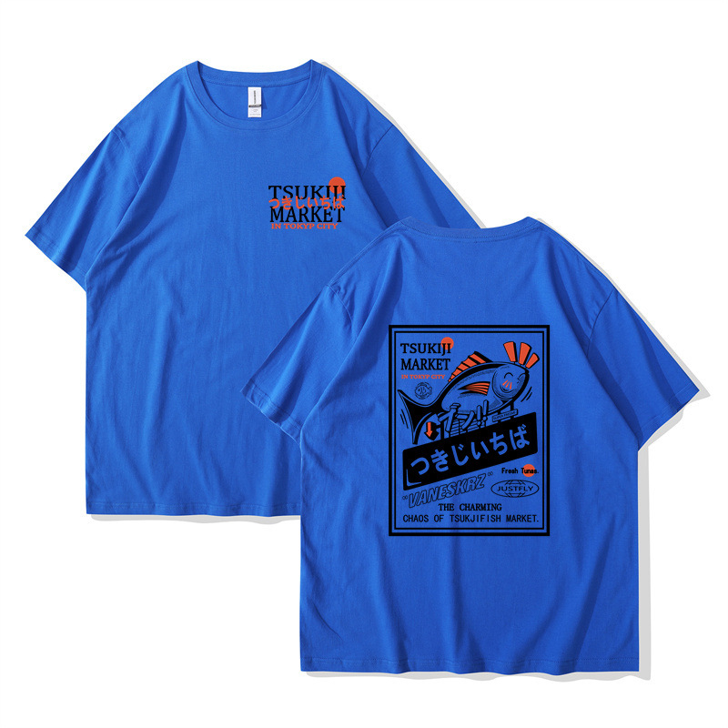 Tricouri la modă pentru bărbați și femei, cu mânecă scurtă, populare transfrontaliere, stil japonez High Street, cuplu leneș, cu imprimeu Happy Fish