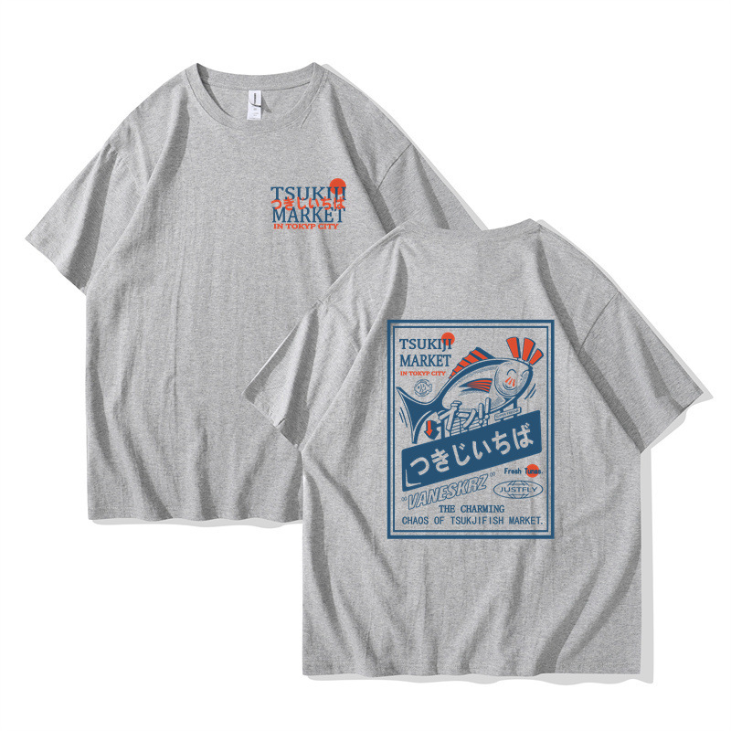 Tricouri la modă pentru bărbați și femei, cu mânecă scurtă, populare transfrontaliere, stil japonez High Street, cuplu leneș, cu imprimeu Happy Fish