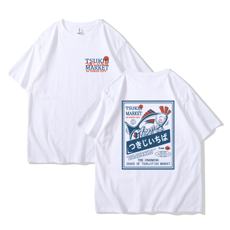 Tricouri la modă pentru bărbați și femei, cu mânecă scurtă, populare transfrontaliere, stil japonez High Street, cuplu leneș, cu imprimeu Happy Fish