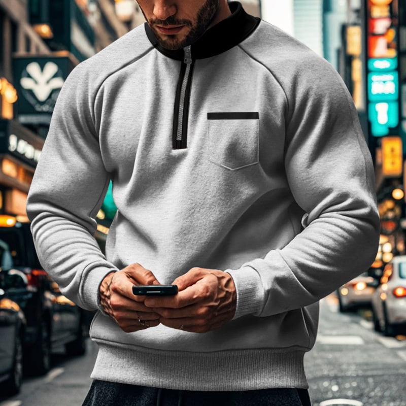 Hanorac de iarnă cu căptușeală din fleece, guler vertical, cu jumătate de fermoar, pentru bărbați, casual, greu, cu buzunar, color block