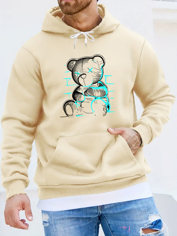 Hanorac cu glugă pentru bărbați, cu imprimeu casual și ursuleți - Material tricotat 100% poliester, ușor elastic