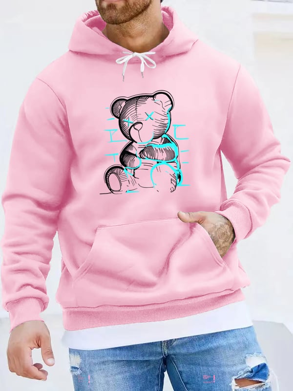 Hanorac cu glugă pentru bărbați, cu imprimeu casual și ursuleți - Material tricotat 100% poliester, ușor elastic