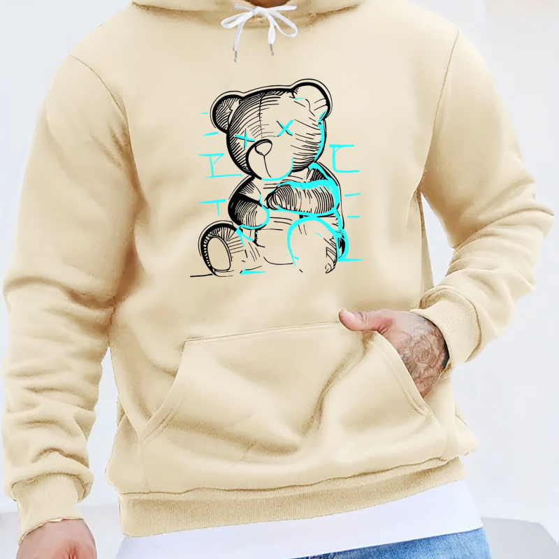 Hanorac cu glugă pentru bărbați, cu imprimeu casual și ursuleți - Material tricotat 100% poliester, ușor elastic