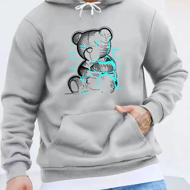 Hanorac cu glugă pentru bărbați, cu imprimeu casual și ursuleți - Material tricotat 100% poliester, ușor elastic