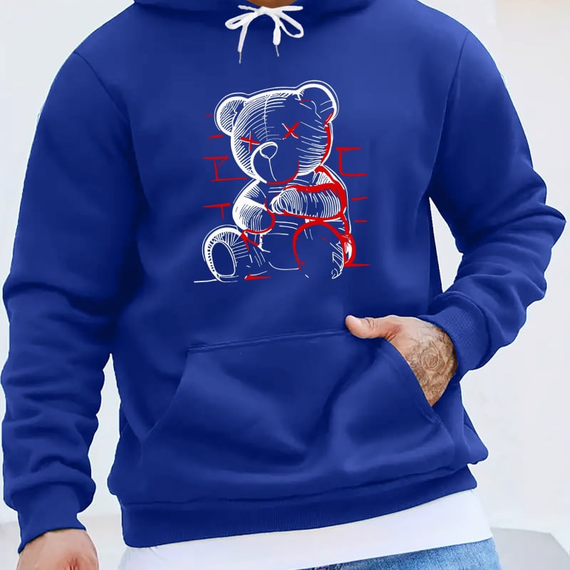 Hanorac cu glugă pentru bărbați, cu imprimeu casual și ursuleți - Material tricotat 100% poliester, ușor elastic