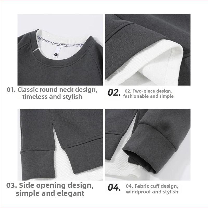 Pánska jesenná a zimná nová ťažká mikina s okrúhlym výstrihom, falošná dvojdielna mikina, pánska americká módna značka, pánsky čisto farebný voľný top