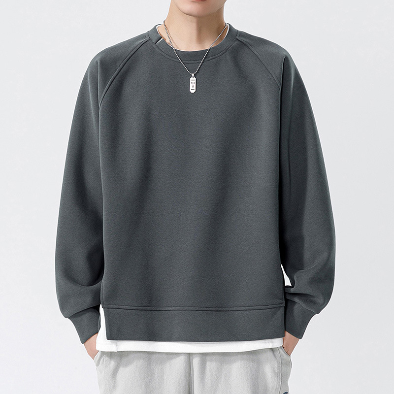 Pánska jesenná a zimná nová ťažká mikina s okrúhlym výstrihom, falošná dvojdielna mikina, pánska americká módna značka, pánsky čisto farebný voľný top