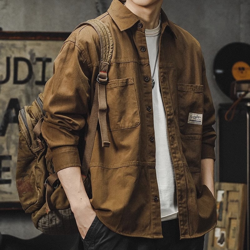 Americká pracovná košeľa v štýle pánskej jari a jesene 2024, nová voľná tenká bunda v japonskom štýle, retro ležérna košeľa s dlhým rukávom