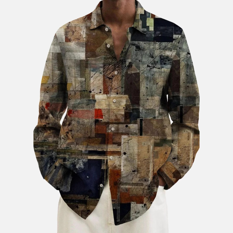 Cămașă bărbătească, model multicolor, elemente, mânecă lungă, top cu nasturi, imprimeu distinctiv, casual, la modă zilnică, cămașă bărbătească