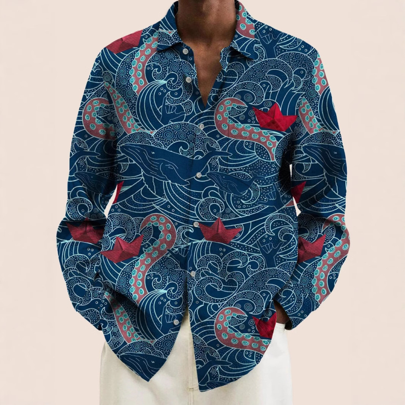 Cămașă bărbătească, model multicolor, elemente, mânecă lungă, top cu nasturi, imprimeu distinctiv, casual, la modă zilnică, cămașă bărbătească