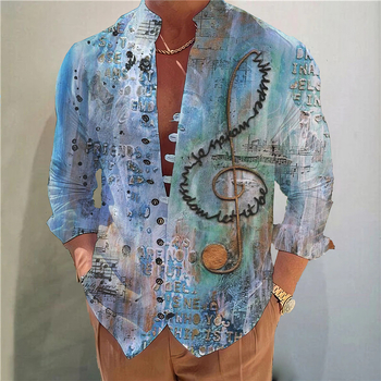 2025 Export transfrontalier Primăvară și toamnă Popular Digital 3D Imprimat Retro Notă muzicală Model Stand Guler Cămașă cu mânecă lungă pentru bărbați