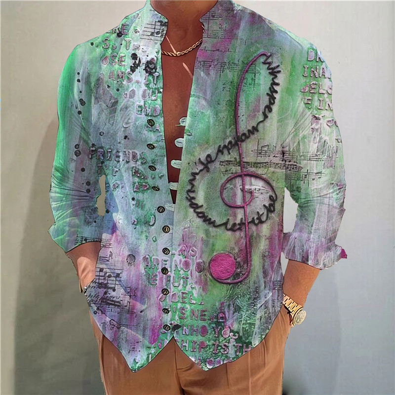 2025 Export transfrontalier Primăvară și toamnă Popular Digital 3D Imprimat Retro Notă muzicală Model Stand Guler Cămașă cu mânecă lungă pentru bărbați
