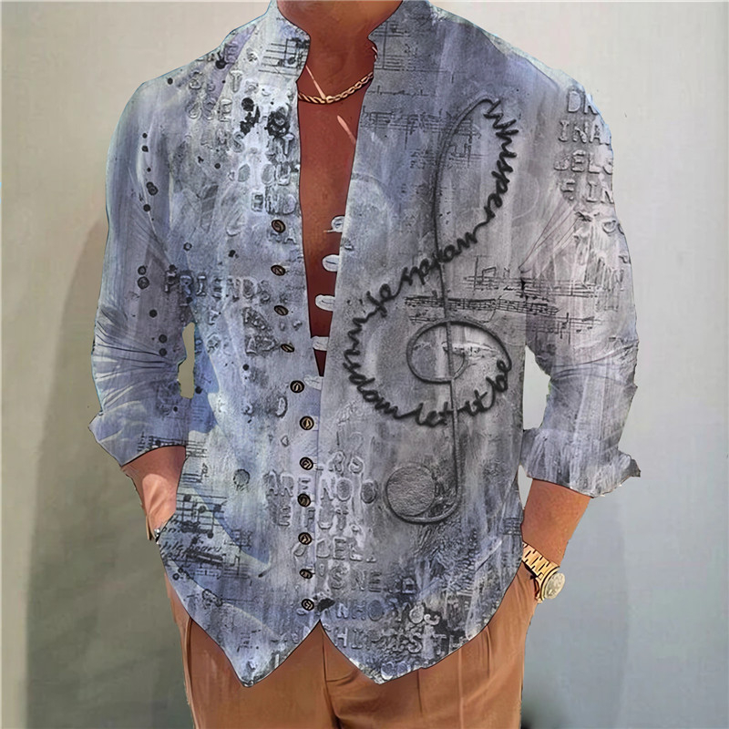 2025 Export transfrontalier Primăvară și toamnă Popular Digital 3D Imprimat Retro Notă muzicală Model Stand Guler Cămașă cu mânecă lungă pentru bărbați