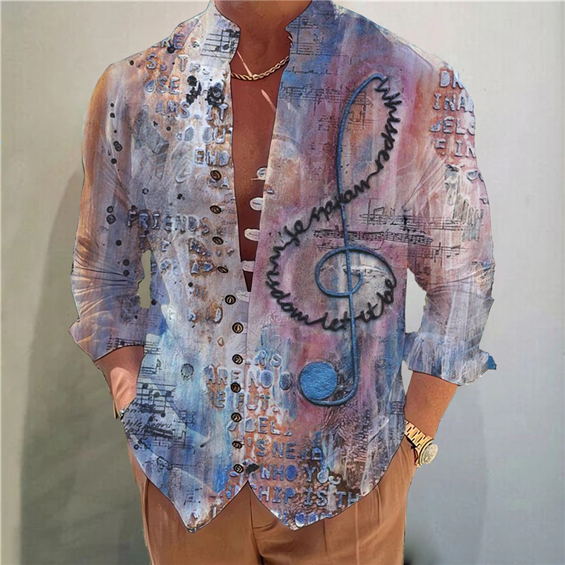 2025 Export transfrontalier Primăvară și toamnă Popular Digital 3D Imprimat Retro Notă muzicală Model Stand Guler Cămașă cu mânecă lungă pentru bărbați