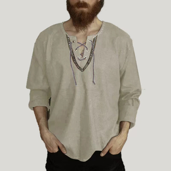 Νέο Ευρωπαϊκό και Αμερικανικό Ανδρικό Ριχτό Μονόχρωμο Πουκάμισο με Μακρυμάνικο και Κορδόνι από Βαμβάκι και Λινό, με Στάσιμο Γιακά, από Βαμβάκι και Λινό