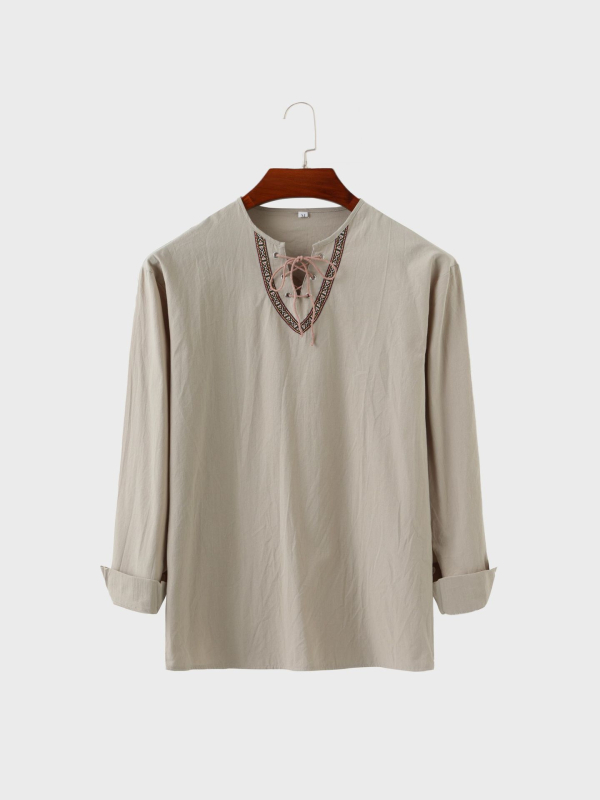 Amazon Transfrontaliere Nou Bărbați Europeni și Americani Lejer Culoare Solidă Cordon Cămașă cu mânecă lungă din bumbac și in cu guler înalt Cămașă bărbați