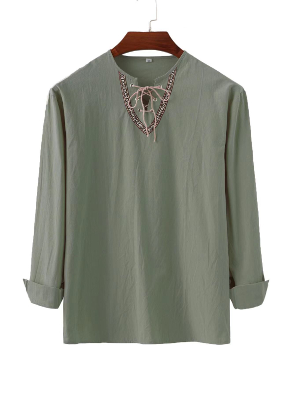 Amazon Transfrontaliere Nou Bărbați Europeni și Americani Lejer Culoare Solidă Cordon Cămașă cu mânecă lungă din bumbac și in cu guler înalt Cămașă bărbați