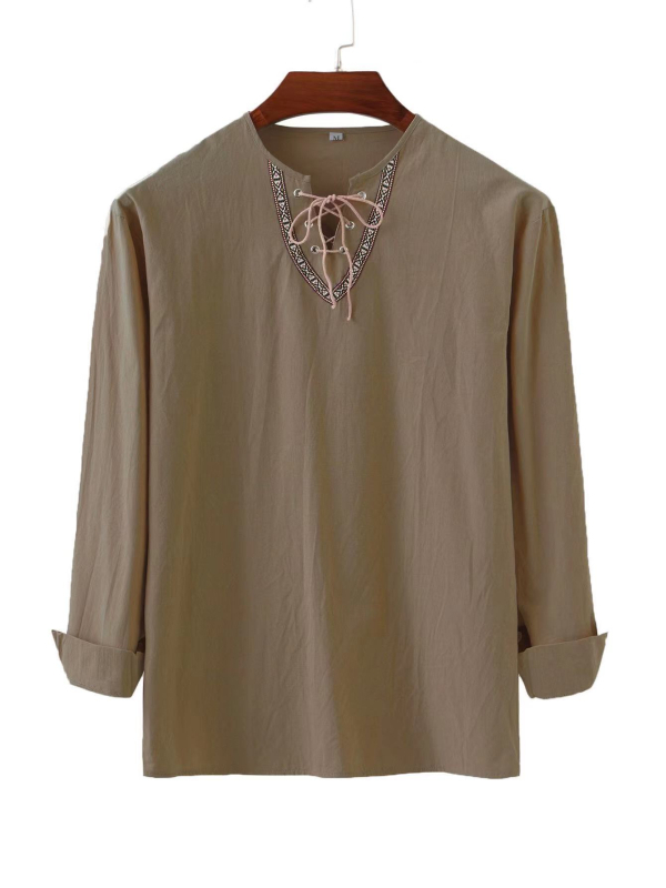 Amazon Transfrontaliere Nou Bărbați Europeni și Americani Lejer Culoare Solidă Cordon Cămașă cu mânecă lungă din bumbac și in cu guler înalt Cămașă bărbați