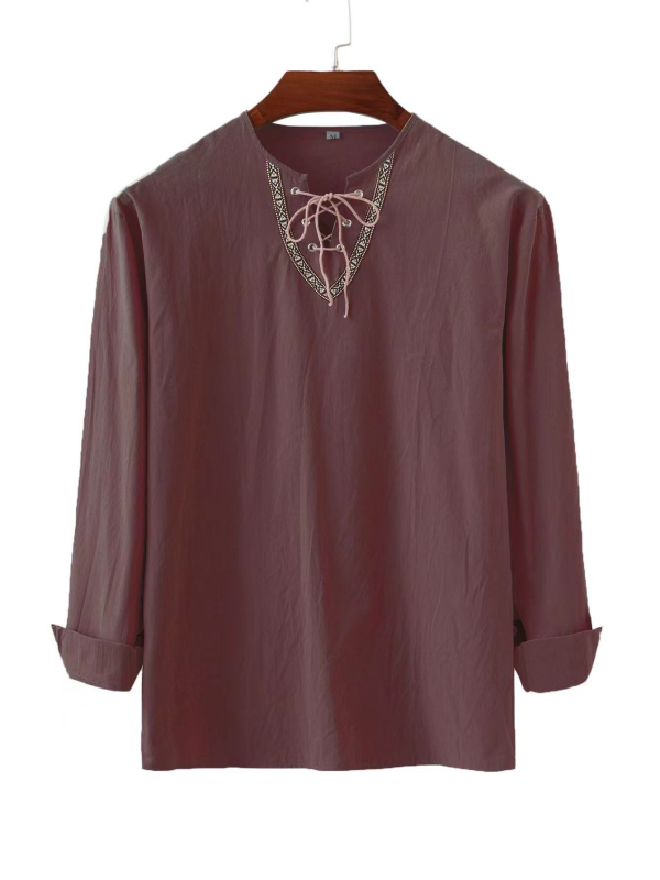 Amazon Transfrontaliere Nou Bărbați Europeni și Americani Lejer Culoare Solidă Cordon Cămașă cu mânecă lungă din bumbac și in cu guler înalt Cămașă bărbați