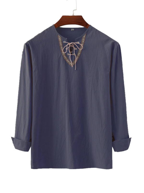 Amazon Transfrontaliere Nou Bărbați Europeni și Americani Lejer Culoare Solidă Cordon Cămașă cu mânecă lungă din bumbac și in cu guler înalt Cămașă bărbați