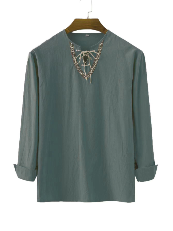 Amazon Transfrontaliere Nou Bărbați Europeni și Americani Lejer Culoare Solidă Cordon Cămașă cu mânecă lungă din bumbac și in cu guler înalt Cămașă bărbați