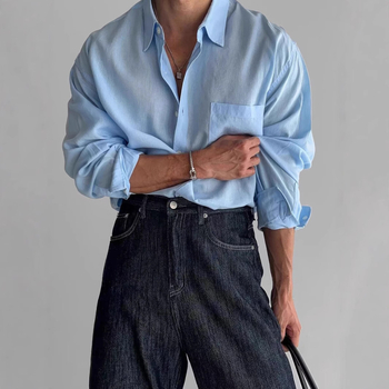 Ευρωπαϊκό και αμερικανικό ρετρό μονόχρωμο πουκάμισο ανδρών υψηλής ποιότητας Sense, φαρδύ μακρυμάνικο αντηλιακό με τσέπη και σχέδιο Sense, μπουφάν εργασίας