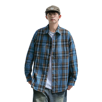 Νέο Φθινοπωρινό Μοντέρνο Ανδρικό Καρό Πουκάμισο με Απλό Αντίθεση Χρωμάτων σε Κορεάτικο Στυλ, Μοντέρνο Casual Ανδρικό Μακρυμάνικο Πουκάμισο