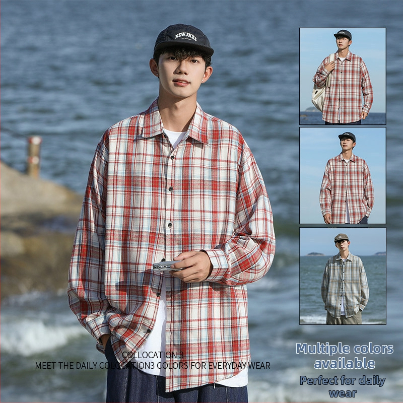2024 Nová jesenná móda Jednoduchá kontrastná farebná pánska kockovaná košeľa v kórejskom štýle Trendy ležérna pánska košeľa s dlhým rukávom
